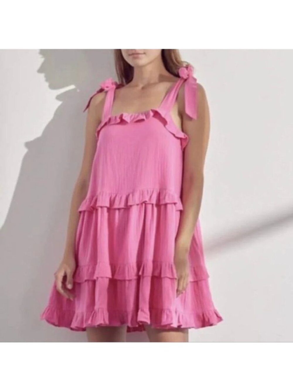 &Merci Pink Tiered Tie Shoulder Gauzy Cotton Short Dress Size L Boho